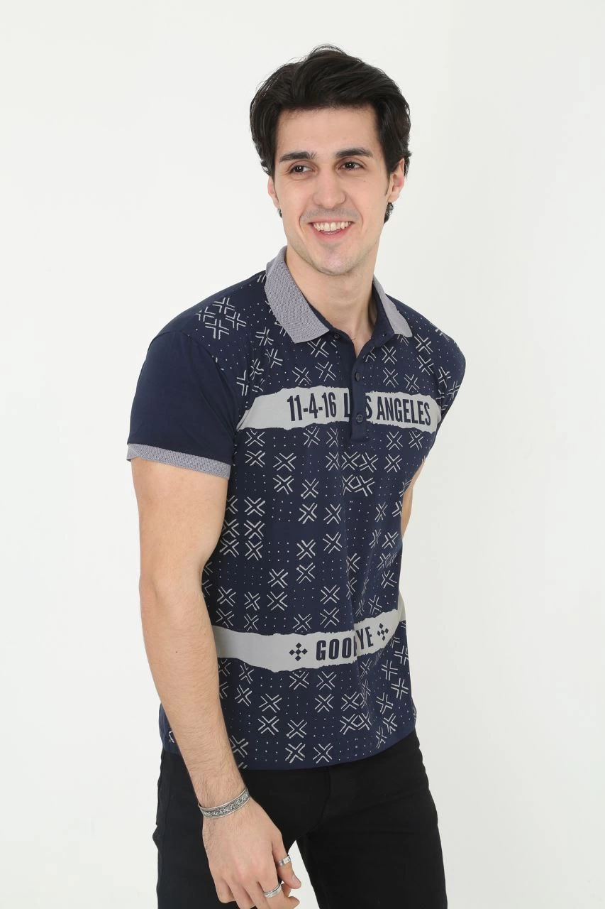 Men's Collared Slim Fit Printed T-Shirt - Navy Blue