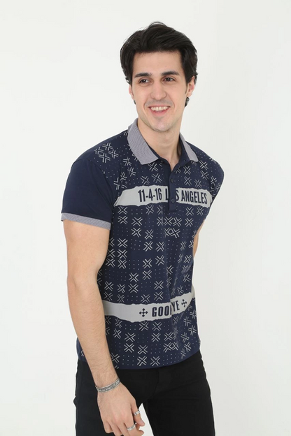 Men's Collared Slim Fit Printed T-Shirt - Navy Blue