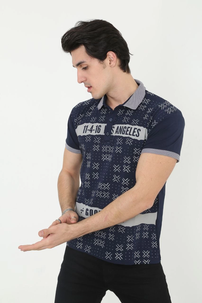 Men's Collared Slim Fit Printed T-Shirt - Navy Blue