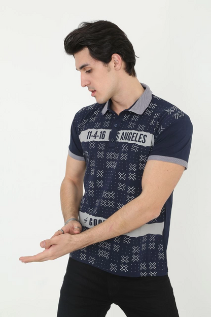 Men's Collared Slim Fit Printed T-Shirt - Navy Blue