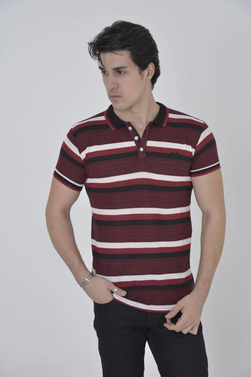 Men's Collared Slim Fit Woven Striped T-Shirt - Burgundy