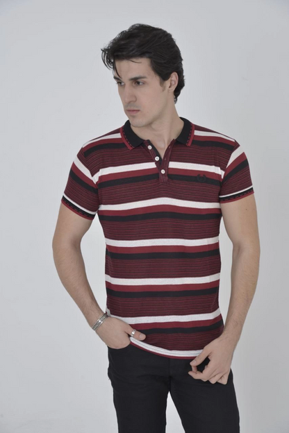 Men's Collared Slim Fit Woven Striped T-Shirt - Burgundy