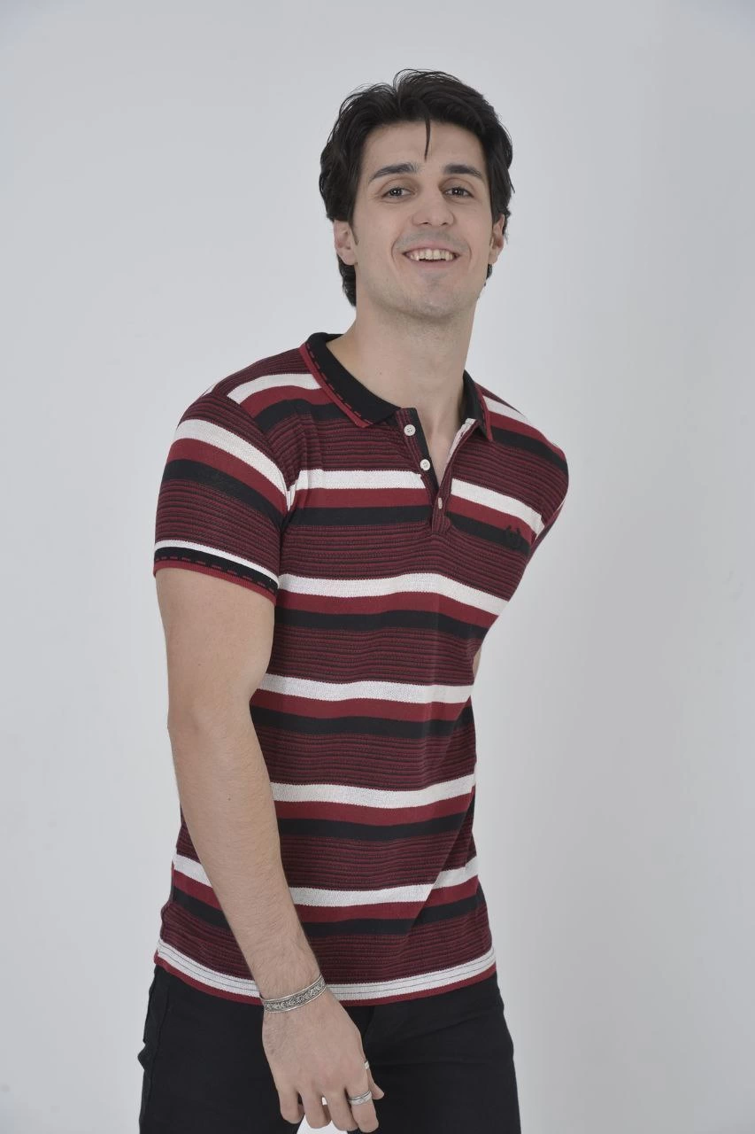 Men's Collared Slim Fit Woven Striped T-Shirt - Burgundy