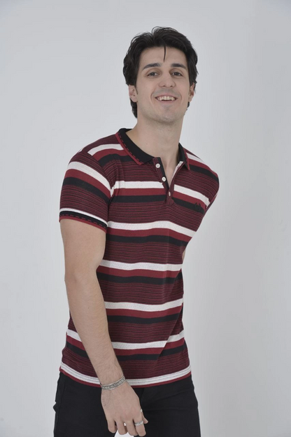 Men's Collared Slim Fit Woven Striped T-Shirt - Burgundy
