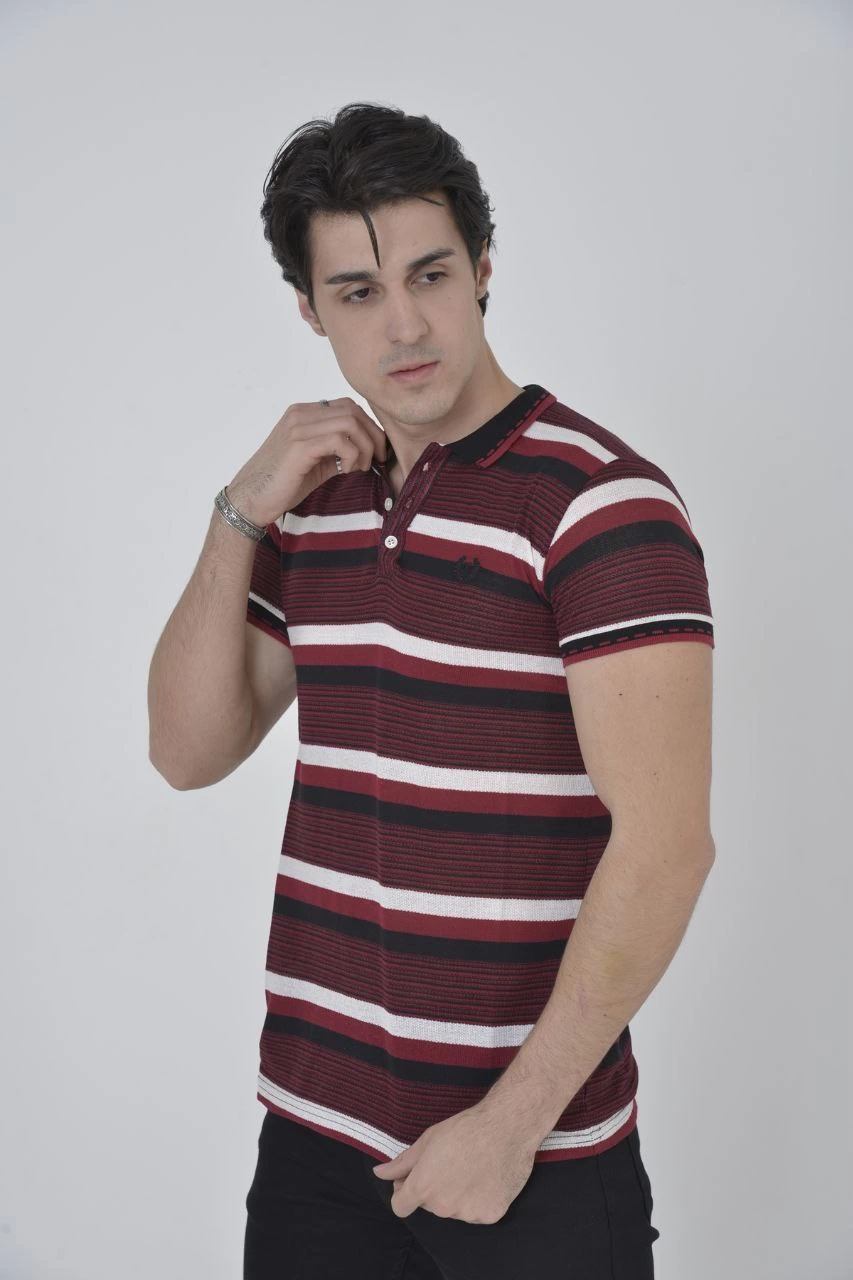 Men's Collared Slim Fit Woven Striped T-Shirt - Burgundy