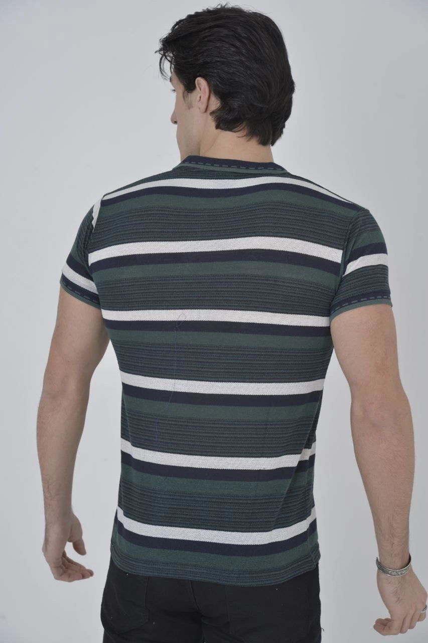 Men's Collared Slim Fit Woven Striped T-Shirt - Khaki
