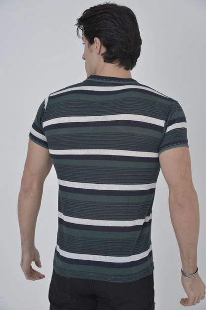 Men's Collared Slim Fit Woven Striped T-Shirt - Khaki