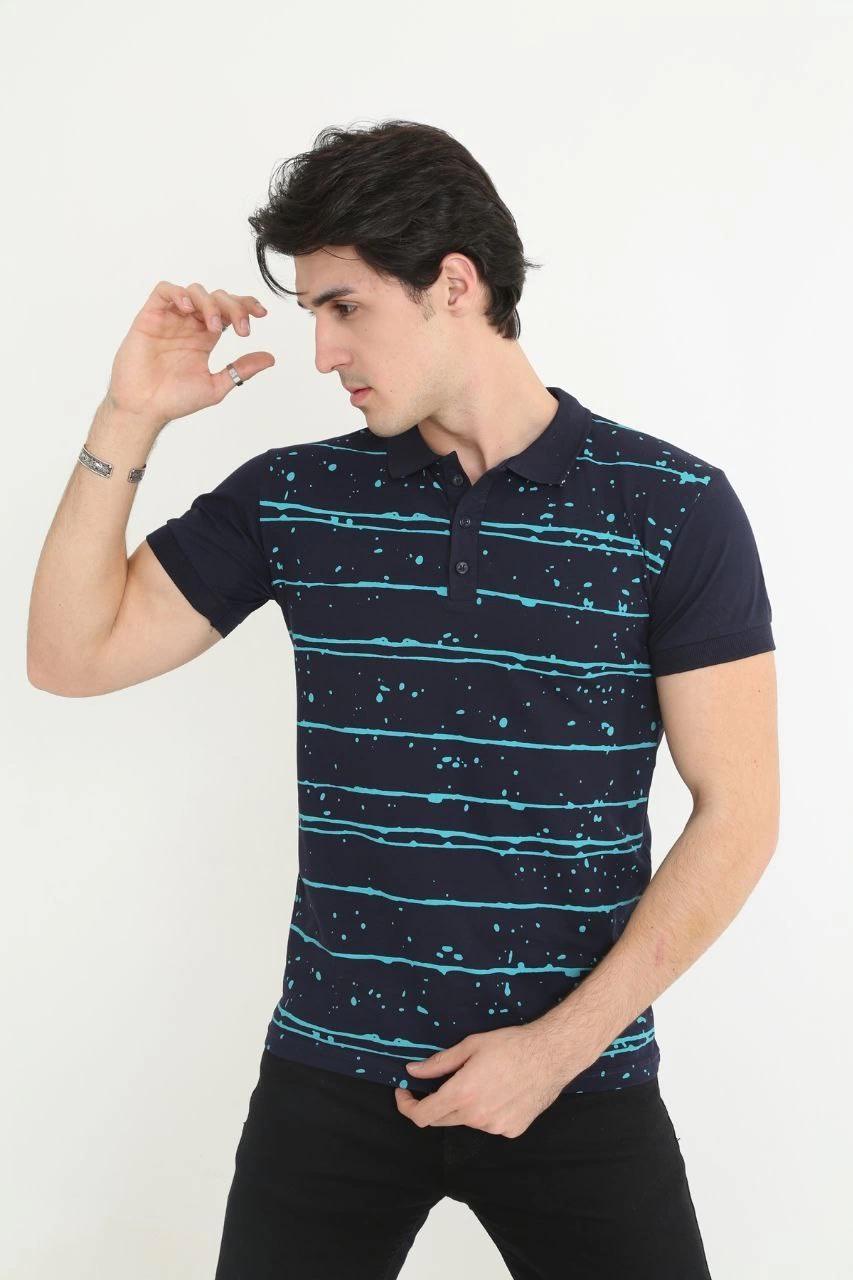 Men's Collared Slim Fit Piqué Striped T-Shirt - Navy Blue