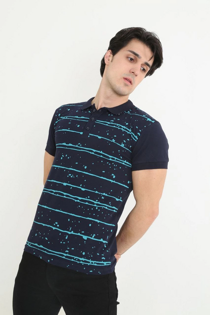 Men's Collared Slim Fit Piqué Striped T-Shirt - Navy Blue