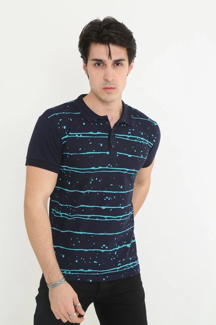 Men's Collared Slim Fit Piqué Striped T-Shirt - Navy Blue