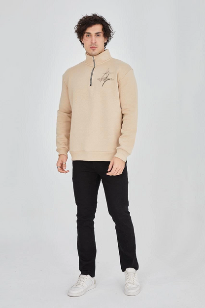 Men's Half-Zip Printed Sweatshirt - Beige