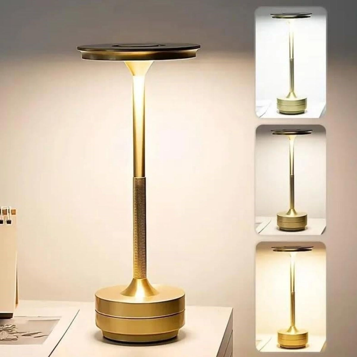 Eskitme Gold Kasa Dokunmatik Şarjlı Masa Lambası - 3 Renk Işık Modlu, LED Aydınlatmalı, Modern & Dekoratif Abajur (5347)