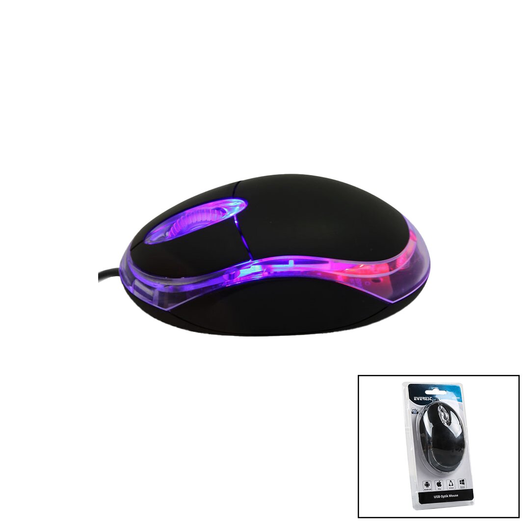 EVEREST KM-6809 ماوس ضوئي سلكي USB - مضيء أسود 1200 نقطة لكل بوصة تغليف بالتفريغ الهوائي كابل بطول 110 سم (5347)