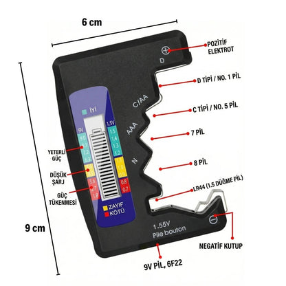 Evrensel Dijital Pil Test Cihazı - AA, AAA, C, D, N, 9V ve Düğme Pil Uyumlu Mini Pil Kapasite & Seviye Ölçer (5347)