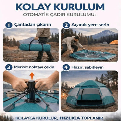 Starixa® 4 Kişilik Otomatik Kamp Çadırı - Altıgen Tasarım, Çift Kapılı, Suya Dayanıklı, Hızlı Kurulumlu Geniş Aile Outdoor Çadırı 240x240x160 cm
