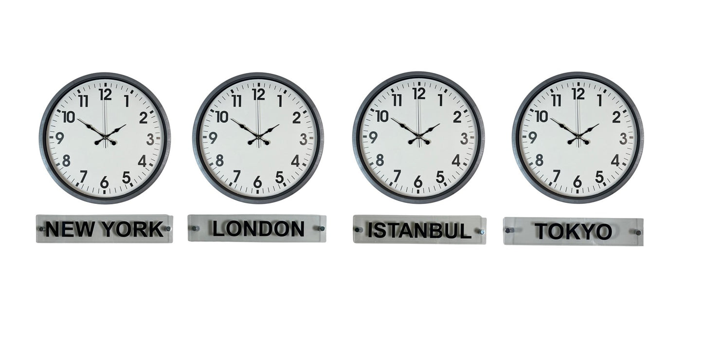 Gri Modern Seri 4 lü 36 Cm Tabelalı Dünya Saatleri
