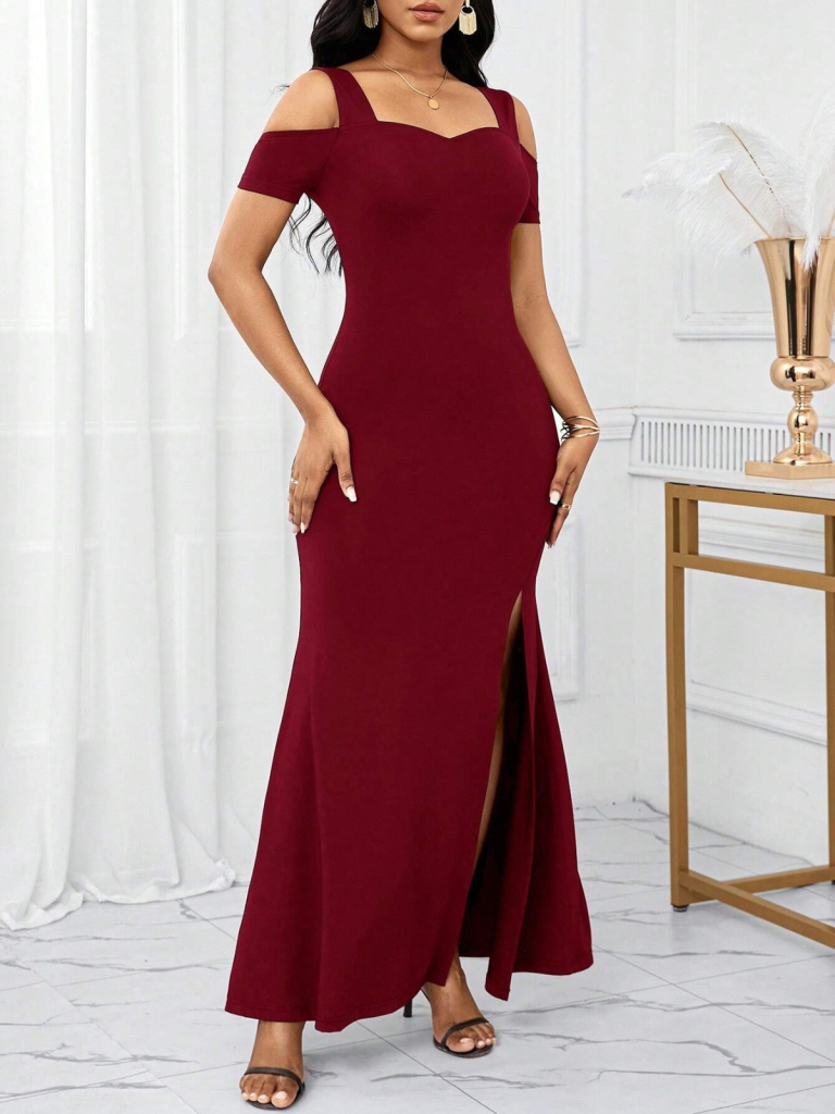 Kadın Omuzlardan Açık Askılı Yırtmaç Detaylı Uzun Ithal Krep Elbise