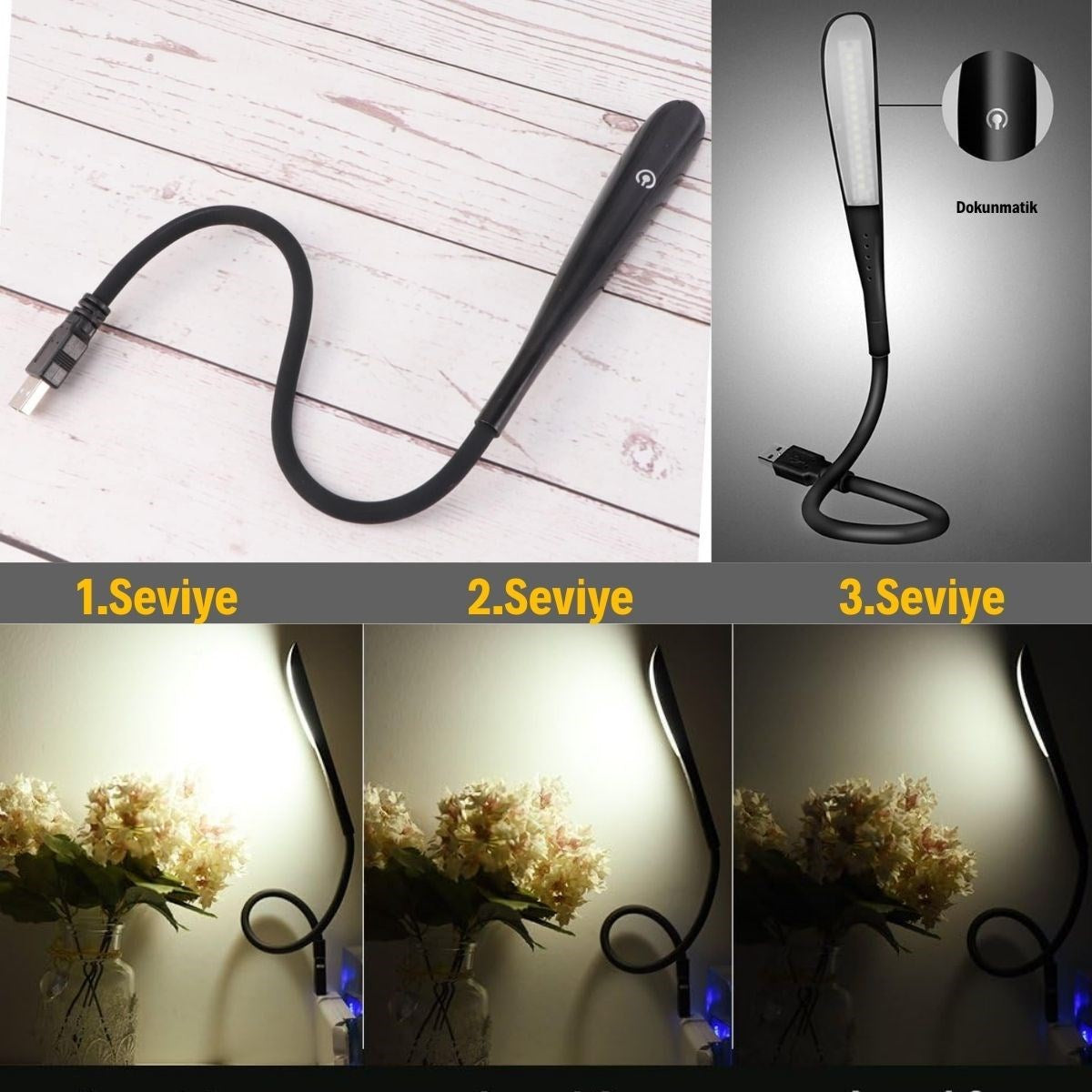 Starixa® USB Girişli 14 Ledli 3 Kademeli Dokunmatik Masa/Kitap Okuma Lambası Ledi Siyah