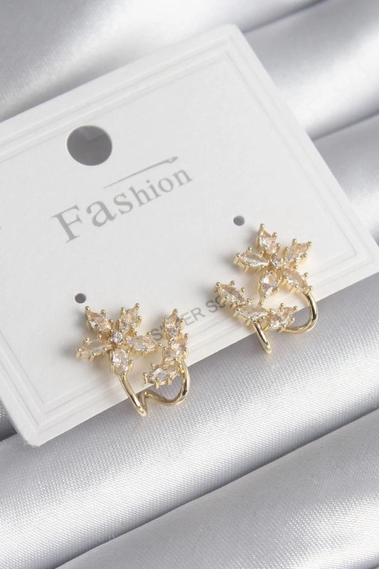 Mey İthalat® Pirinç Gold Renk Zirkon Taşlı Çiçek Model Kadın Küpe