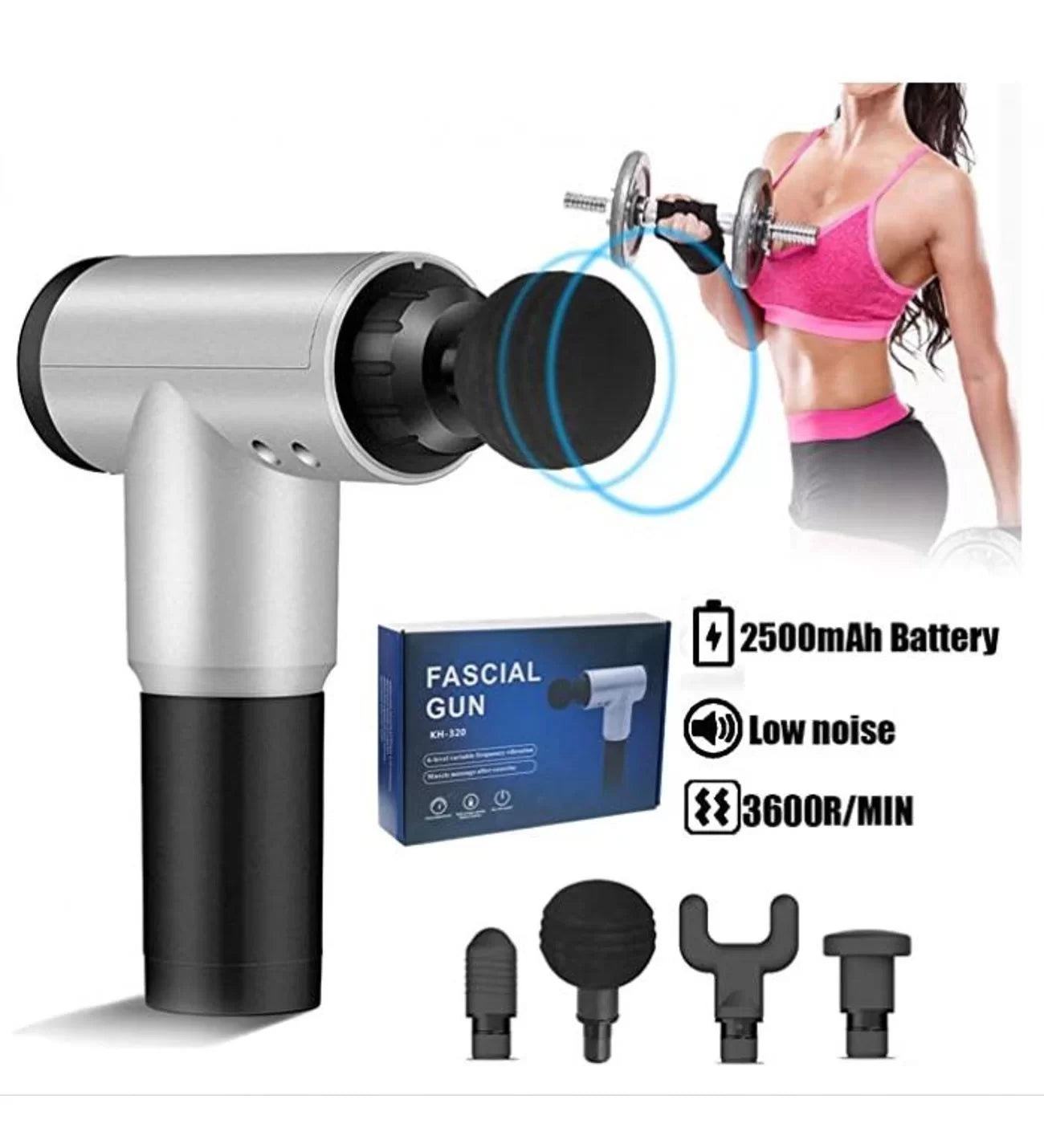 جهاز مساج بالاهتزاز Fascial Gun RH-320 مع 6 مستويات سرعة، 4 رؤوس تدليك، وشحن USB (5347)