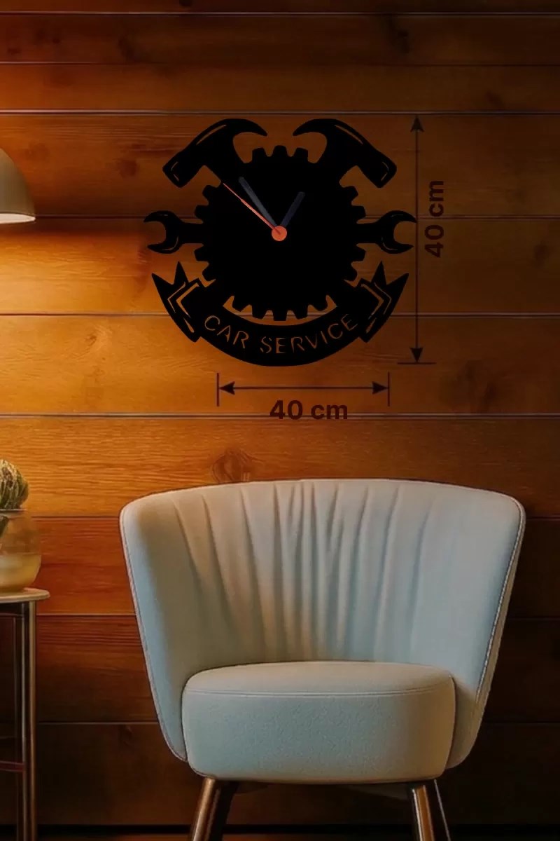 Mey İthalat® Car Service Temalı Ahşap Duvar Saati - 40x40 cm Teknik Servis Dekoru