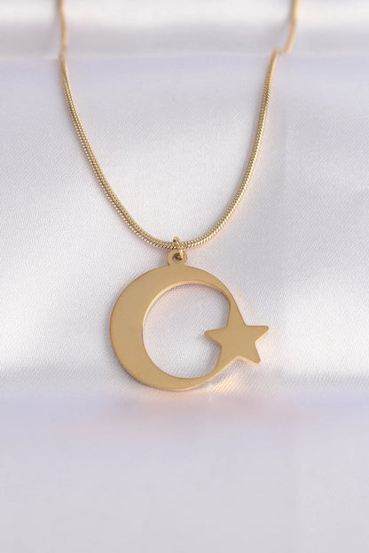 Mey İthalat® 316L Çelik Zincir Gold Renk Ay Yıldız Unisex Kolye
