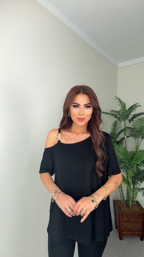 Kadın Kısa Kollu Tek Omuzdan Askılı Toka Detaylı Viskon Bluz