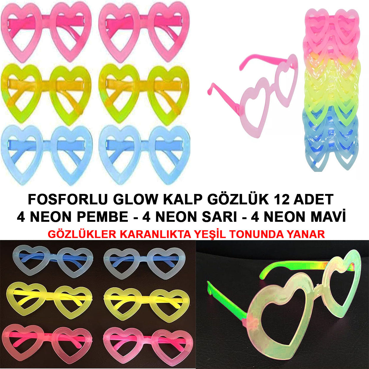 Fosforlu Kalp Model Glow Parti Gözlüğü Karanlıkta Yanan Gözlükler 12 Adet (5347)