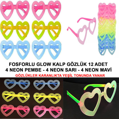Fosforlu Kalp Model Glow Parti Gözlüğü Karanlıkta Yanan Gözlükler 12 Adet (5347)