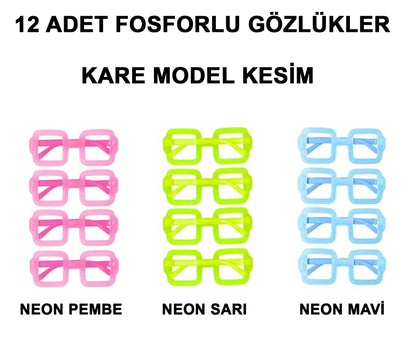 Fosforlu Kare Model Glow Parti Gözlüğü Karanlıkta Yanan Gözlükler 12 Adet (5347)