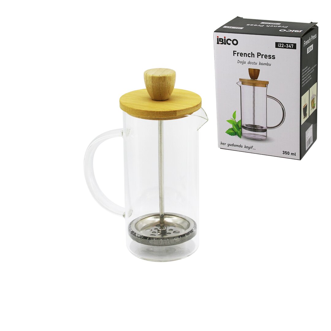 FRENCH PRESS BAMBU KAPAK 350ML CAM BİTKİ SÜZGEÇİ (5347)