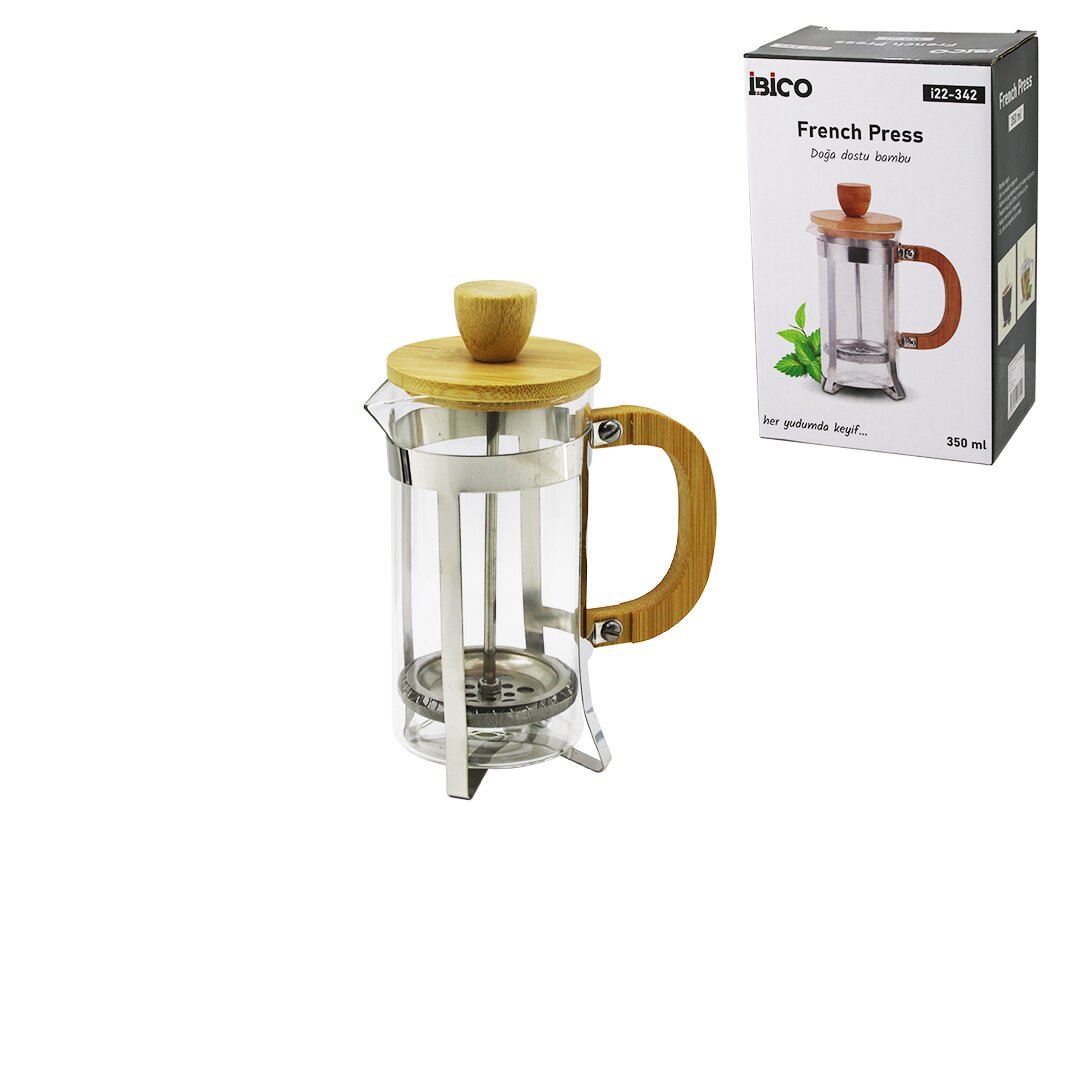 FRENCH PRESS METAL KAFES - BAMBU SAP BAMBU KAPAK 350ML CAM BİTKİ SÜZGEÇİ (5347)