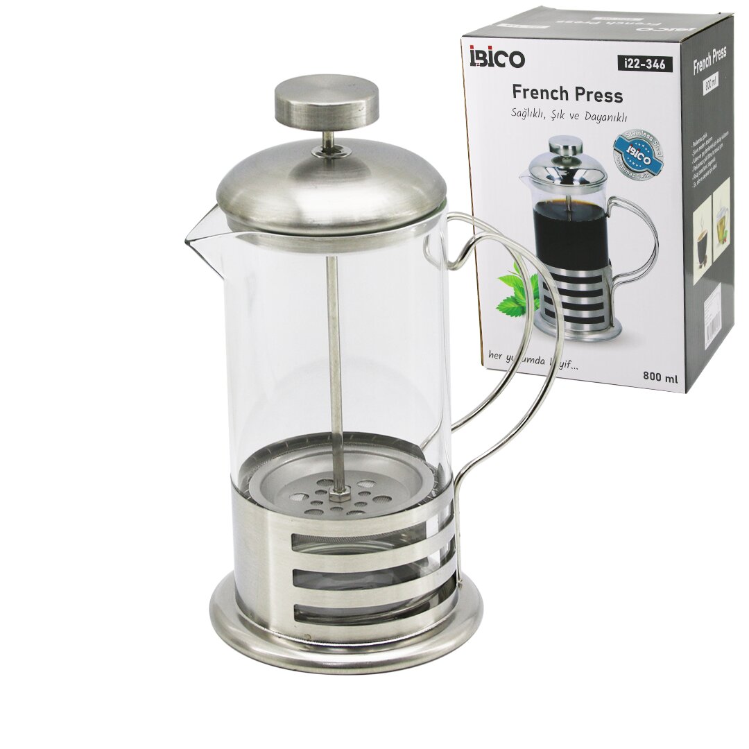 FRENCH PRESS METAL KAFES - METAL KAPAK 800ML CAM BİTKİ SÜZGEÇİ (5347)