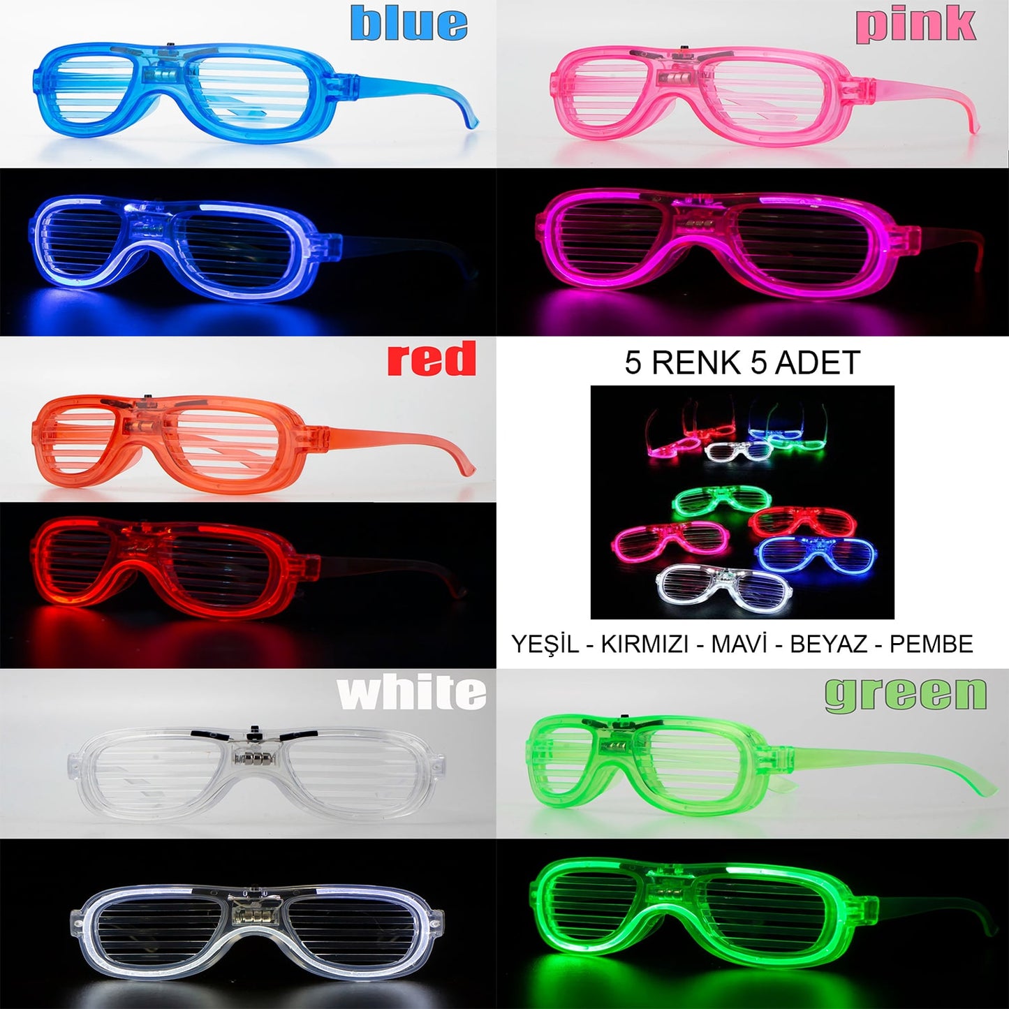 Glow Model Led Işıklı Parti Gözlüğü 3 Modlu 5 Renk 5 Adet (5347)
