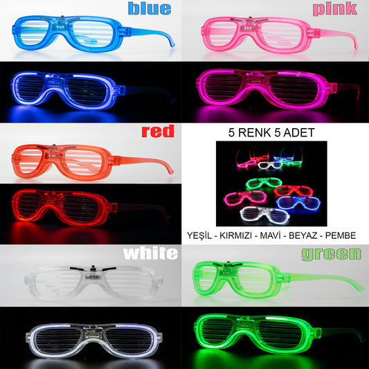 Glow Model Led Işıklı Parti Gözlüğü 3 Modlu 5 Renk 5 Adet (5347)