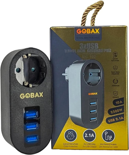 Gobax Termal Akım Korumalı Akıllı Priz 3xusb Li, Çocuk Korumalı, Led Işıklı, Yüksek Isıya Dayanıklı (5347)