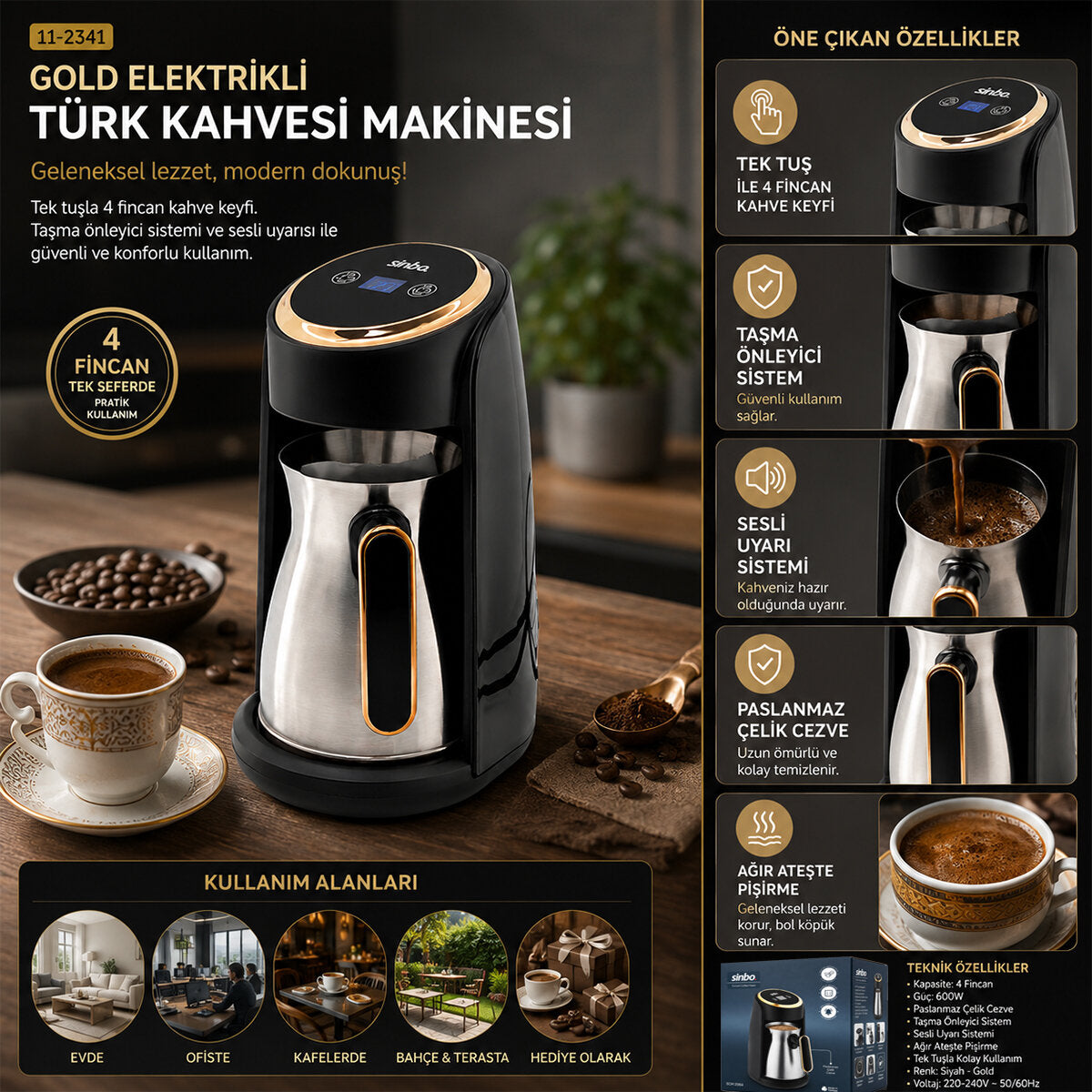 GOLD ELEKTRİKLİ TÜRK KAHVESİ MAKİNESİ 4 FİNCAN SESLİ UYARI - TAŞMA ÖNLEYİCİ SİSTEM SCM-2984 (5347)