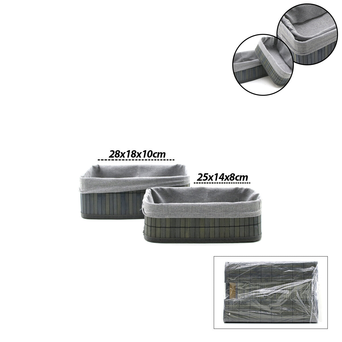 GRİ 2 BOY D.DÖRTGEN BAMBU KENAR ORGANİZER SEPET AHŞAP ALTLIK - BEZLİ 25X14-28X18CM (5347)