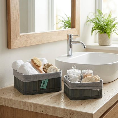 GRİ 2 BOY KARE BAMBU KENAR ORGANİZER SEPET AHŞAP ALTLIK - BEZLİ 18X21CM (5347)