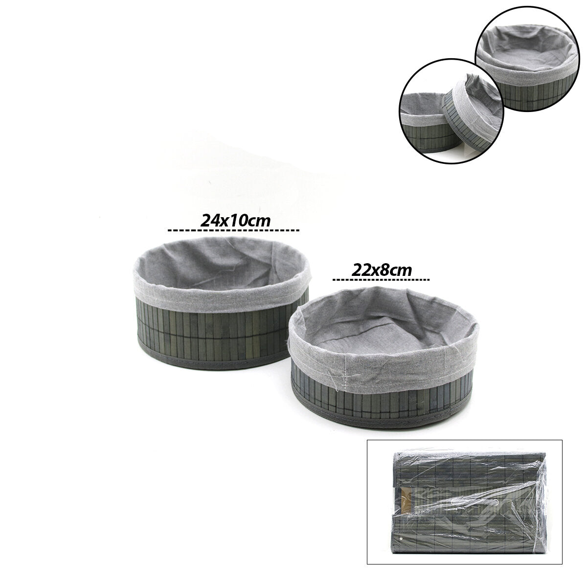 GRİ 2 BOY YUVARLAK BAMBU KENAR ORGANİZER SEPET AHŞAP ALTLIK - BEZLİ ÇAP=22X24CM (5347)