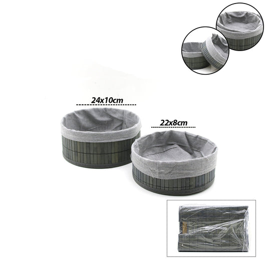 GRİ 2 BOY YUVARLAK BAMBU KENAR ORGANİZER SEPET AHŞAP ALTLIK - BEZLİ ÇAP=22X24CM (5347)