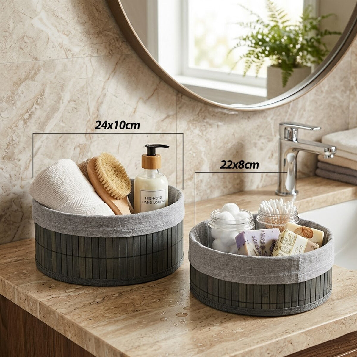 GRİ 2 BOY YUVARLAK BAMBU KENAR ORGANİZER SEPET AHŞAP ALTLIK - BEZLİ ÇAP=22X24CM (5347)