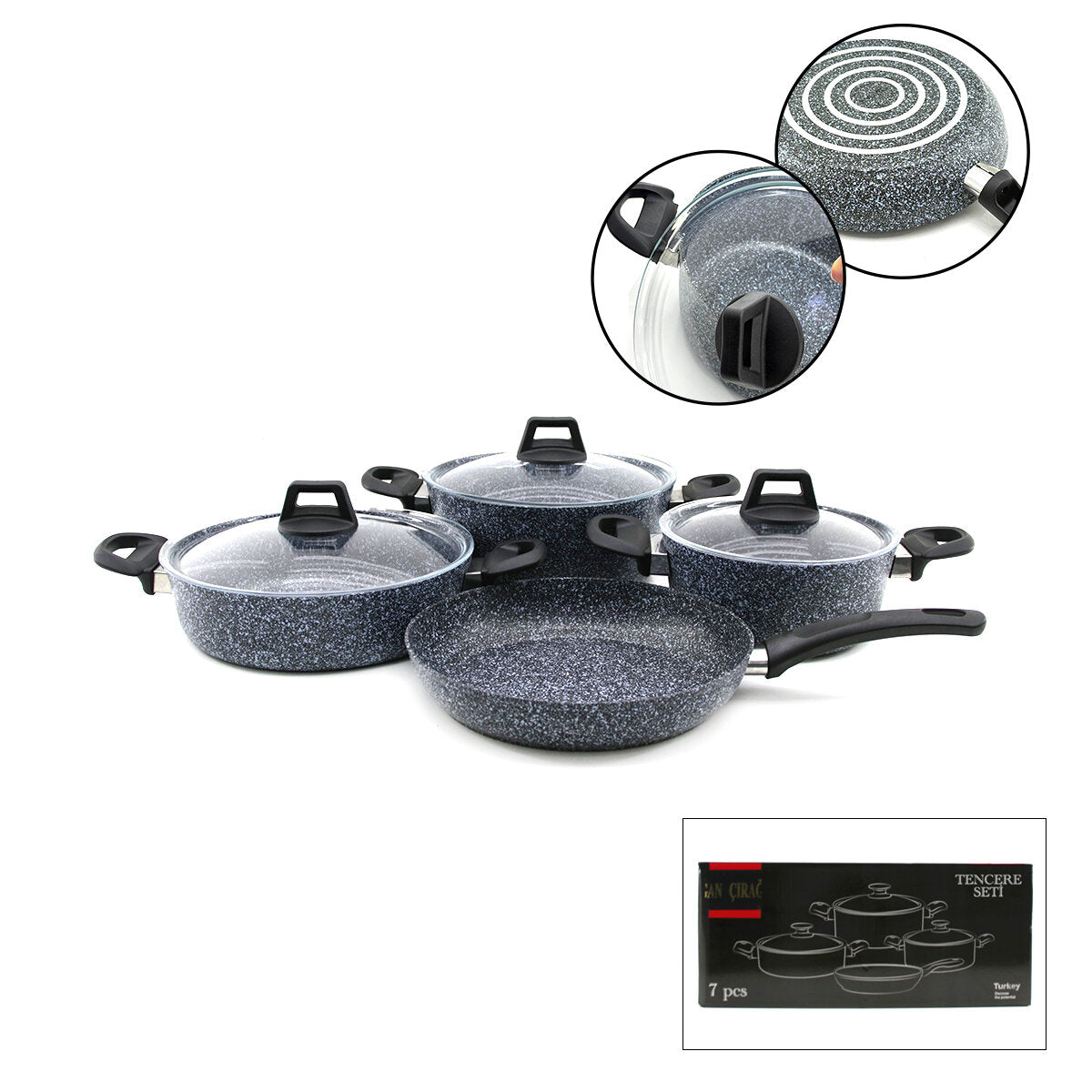GRİ 7 PARÇA GRANİT TENCERE - TAVA SETİ 20-24CM DERİN - 27CM BASIK CAM KAPAK TENCERE - 26CM TAVA (5347)