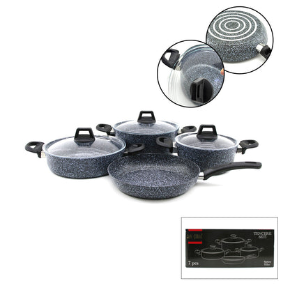 GRİ 7 PARÇA GRANİT TENCERE - TAVA SETİ 20-24CM DERİN - 27CM BASIK CAM KAPAK TENCERE - 26CM TAVA (5347)