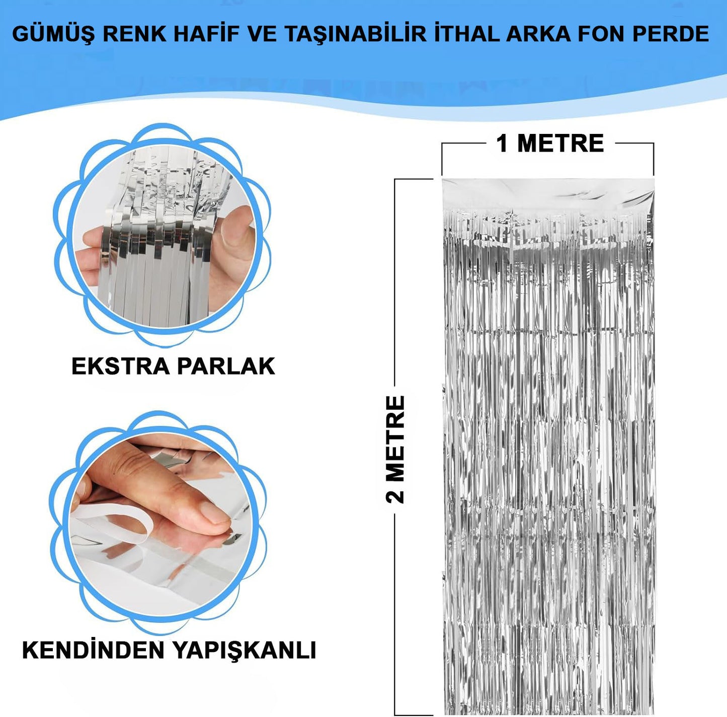 Gümüş Renk Ekstra Metalize Parlak Saçaklı Arka Fon Perde İthal A Kalite 1x2 Metre (5347)