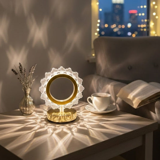 Güneş Şeklinde Kristal LED Masa Lambası - Dokunmatik, 3 Renk Işık Modlu, Şarjlı Mini Dekoratif Gece Lambası (5347)