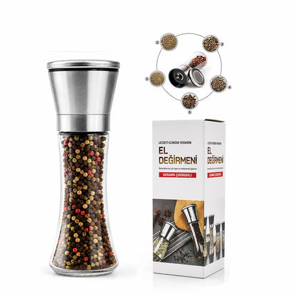 HAND GRINDER BÜYÜK CAM HAZNELİ - KROM KAPLAMA PLS.KAPAKLI TUZ - BAHARAT ÖĞÜTÜCÜ (5347)