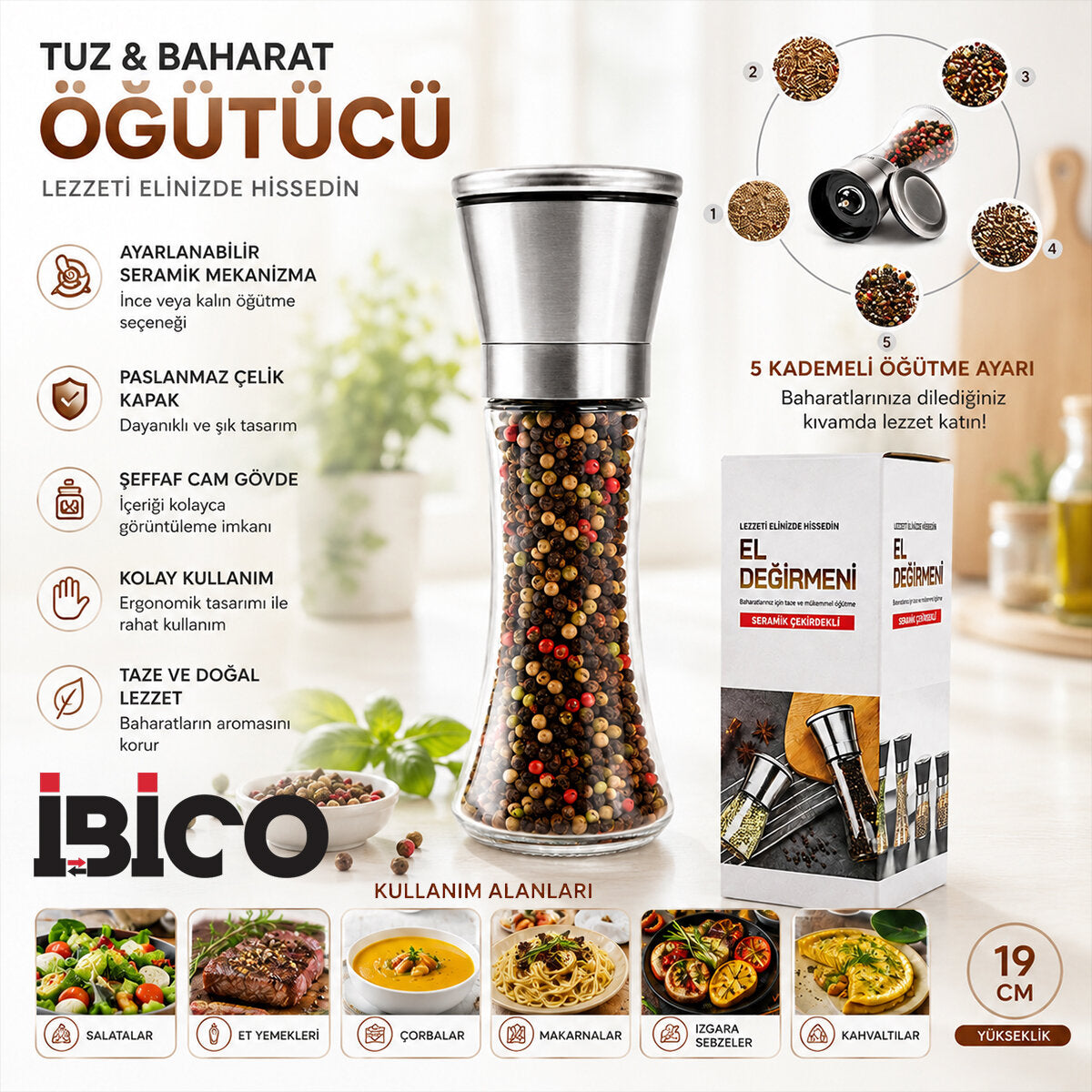 HAND GRINDER BÜYÜK CAM HAZNELİ - KROM KAPLAMA PLS.KAPAKLI TUZ - BAHARAT ÖĞÜTÜCÜ (5347)