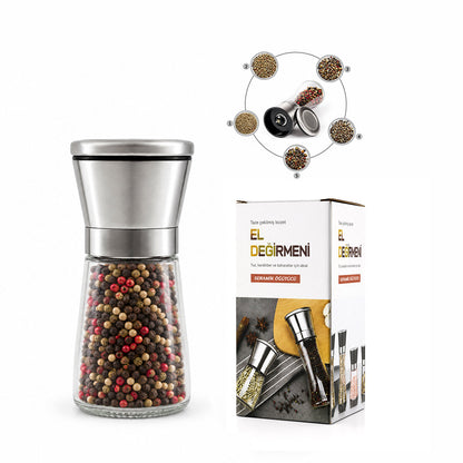 HAND GRINDER KÜÇÜK CAM HAZNELİ - KROM KAPLAMA PLS.KAPAKLI TUZ - BAHARAT ÖĞÜTÜCÜ İ22-411 (5347)