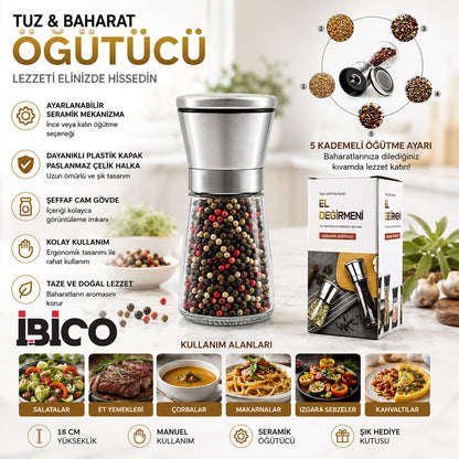HAND GRINDER KÜÇÜK CAM HAZNELİ - KROM KAPLAMA PLS.KAPAKLI TUZ - BAHARAT ÖĞÜTÜCÜ İ22-411 (5347)